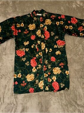 Vintage Floral Robe in Deep Green with Red & Gold Blooms